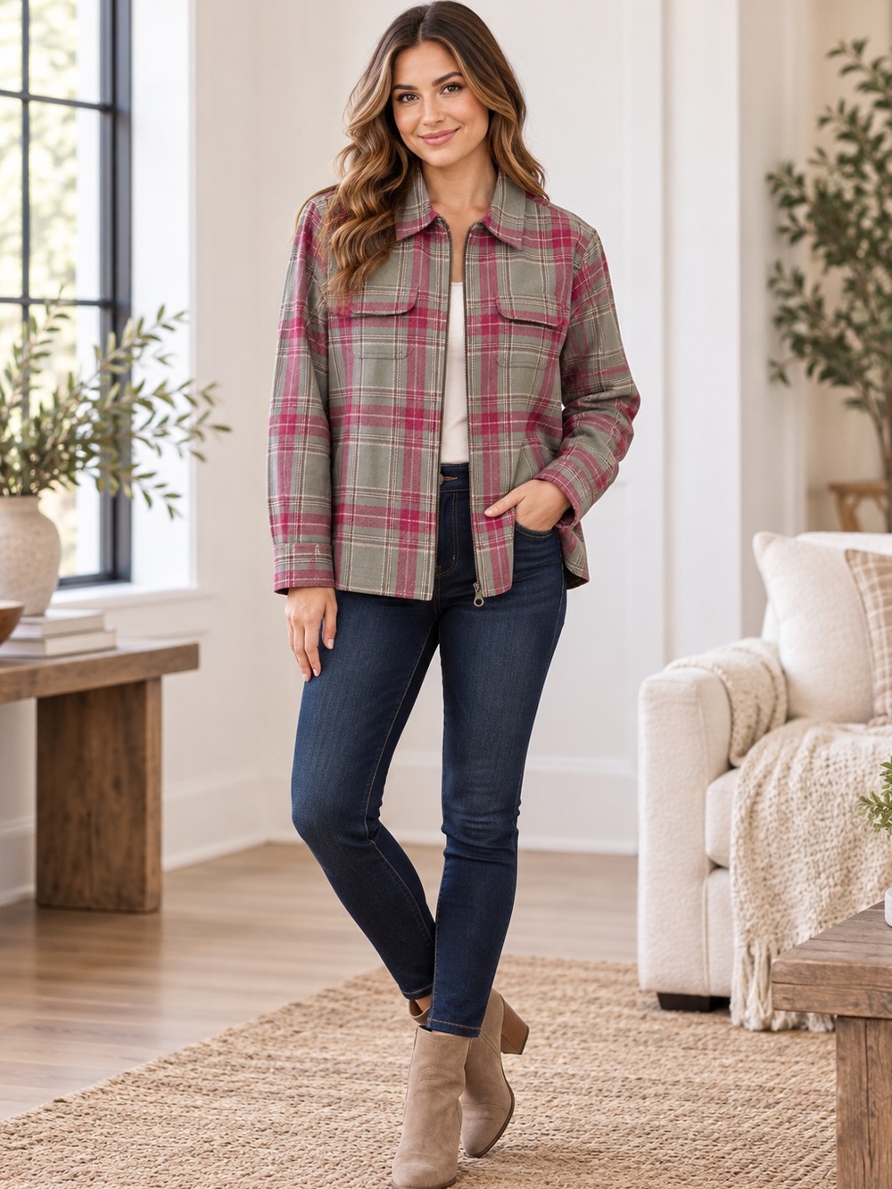 Duck Head Plaid Long Sleeve Zip Up Utility Jacket - Petite Large